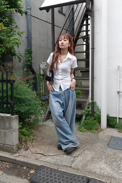 リネン混ハーフスリーブトップス